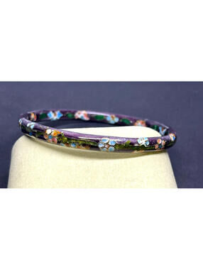 Vintage Cloisonne Purple Enamel Floral Gold Highlights Bangle Bracelet - 8"
